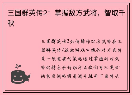 三国群英传2：掌握敌方武将，智取千秋
