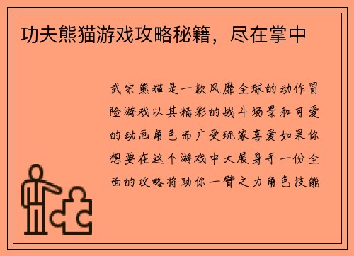 功夫熊猫游戏攻略秘籍，尽在掌中